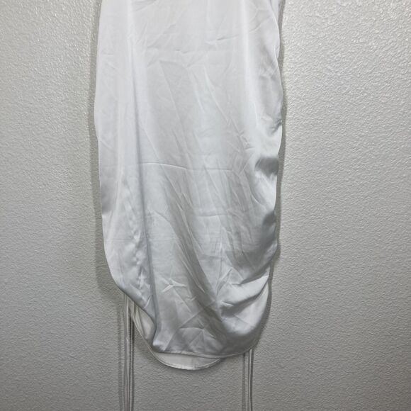 LEAU Dress Womens Small White Satin Cowl Neck Ruched Drawstring Slip Tie Straps - Picture 13 of 16